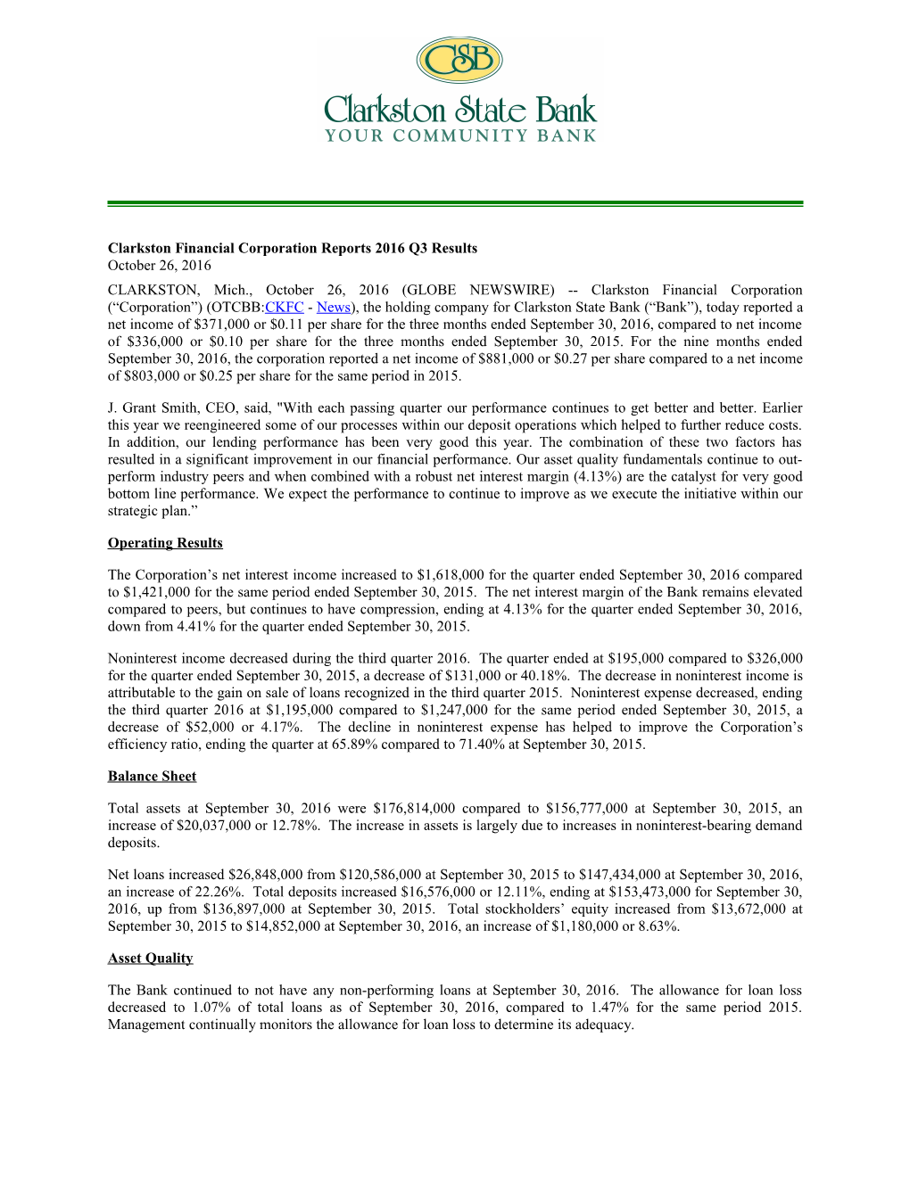 Clarkston Financial Corporation Reports 2016 Q3 Results