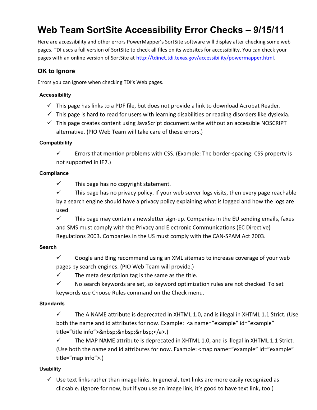 PESO 2014 Sortsite Error List