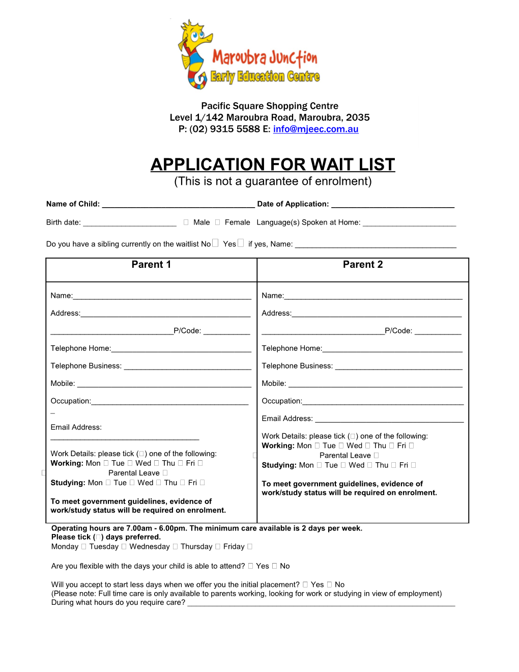 C13 - Form 18 Wait List Form