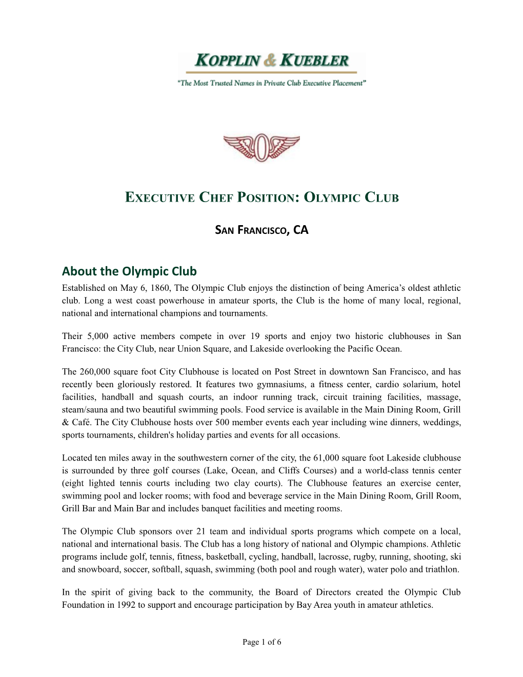 Executive Chef Position: Olympic Club