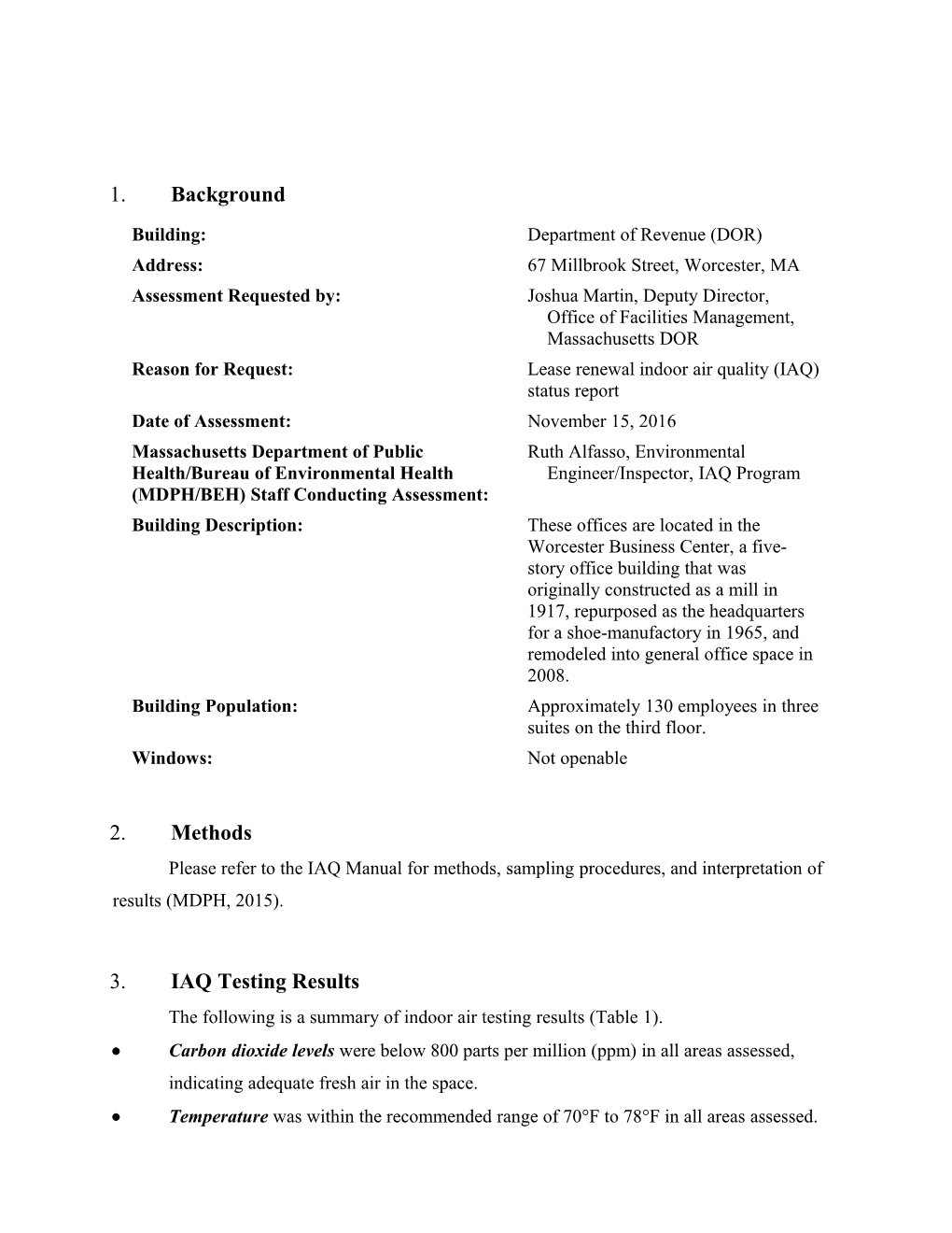 Indoor Air Quality Assessment - Department of Revenue, 67 Millbrook Street, Worcester