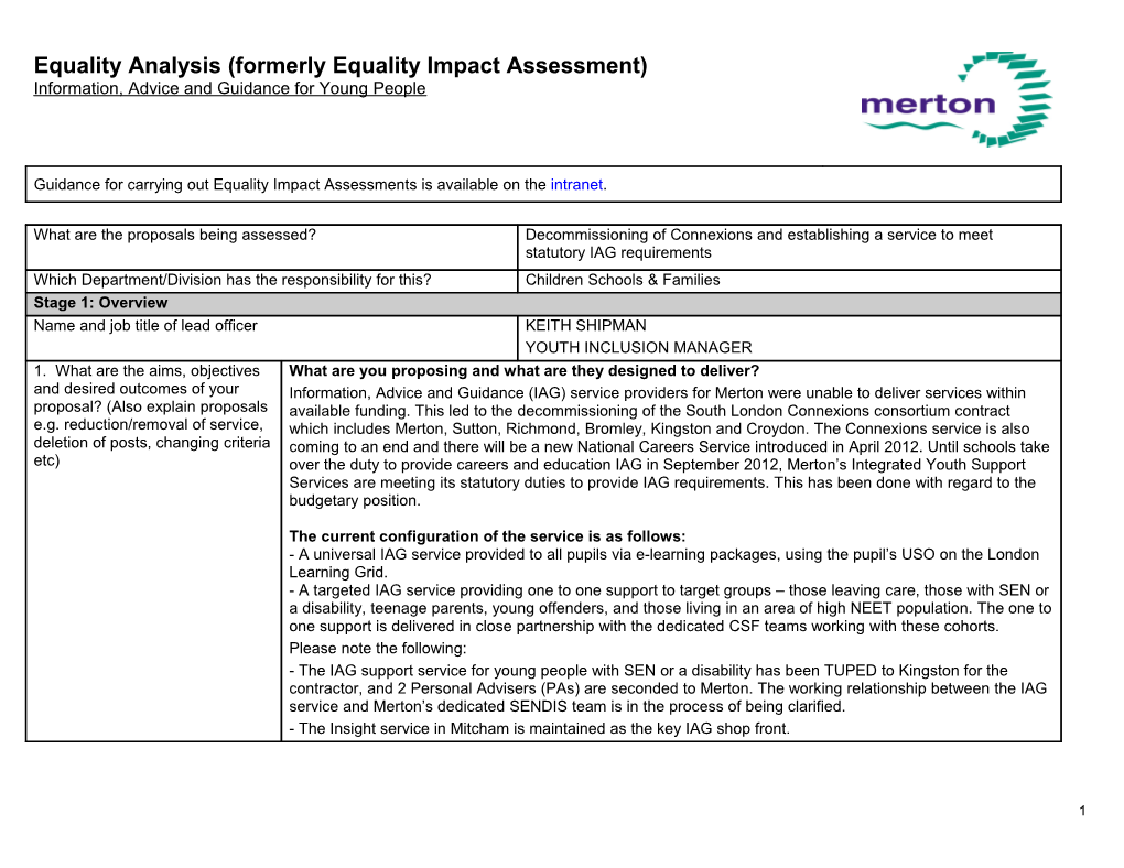 Equality Analysis (Formerly Equality Impact Assessment)