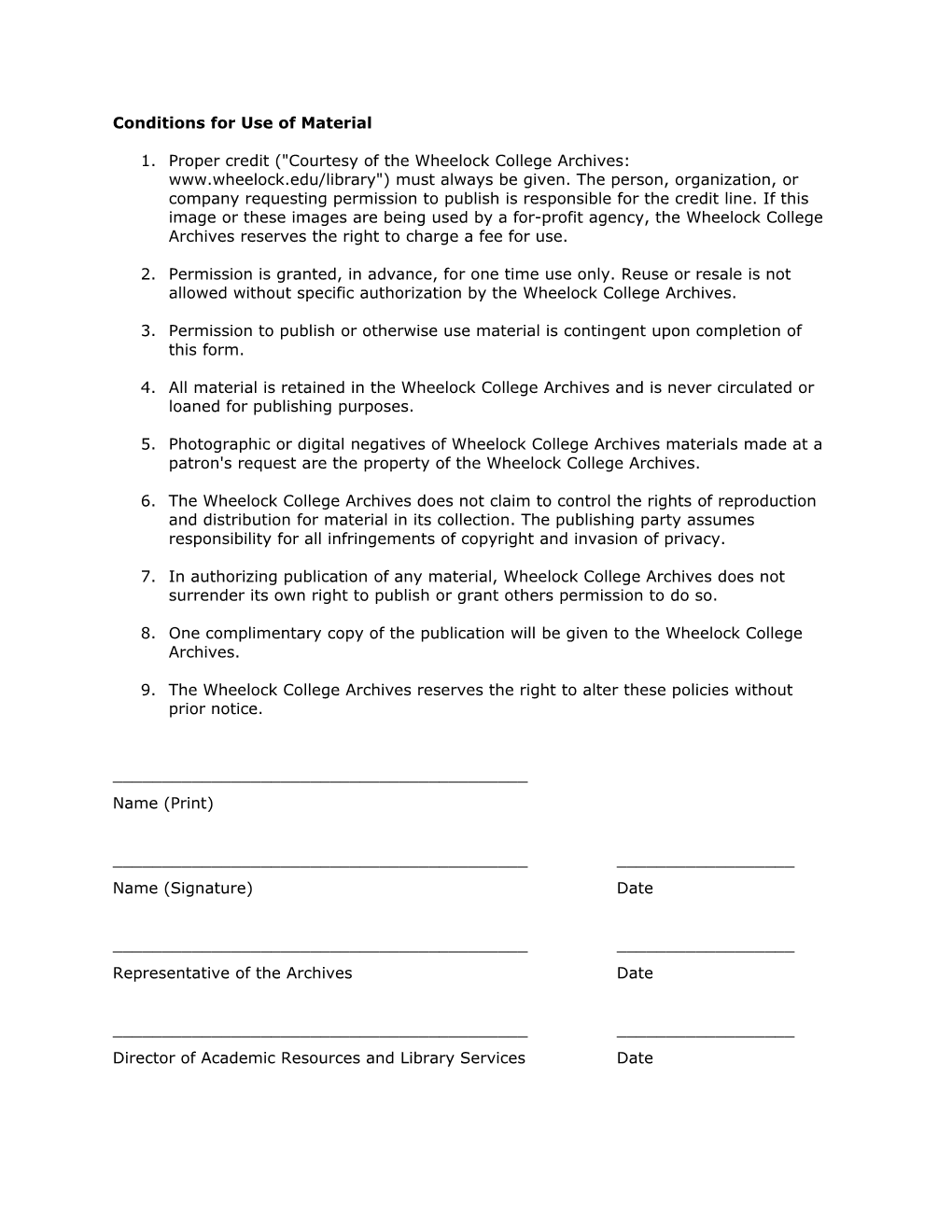 Wheelock College Library Archives Permission to Publish/Use Form