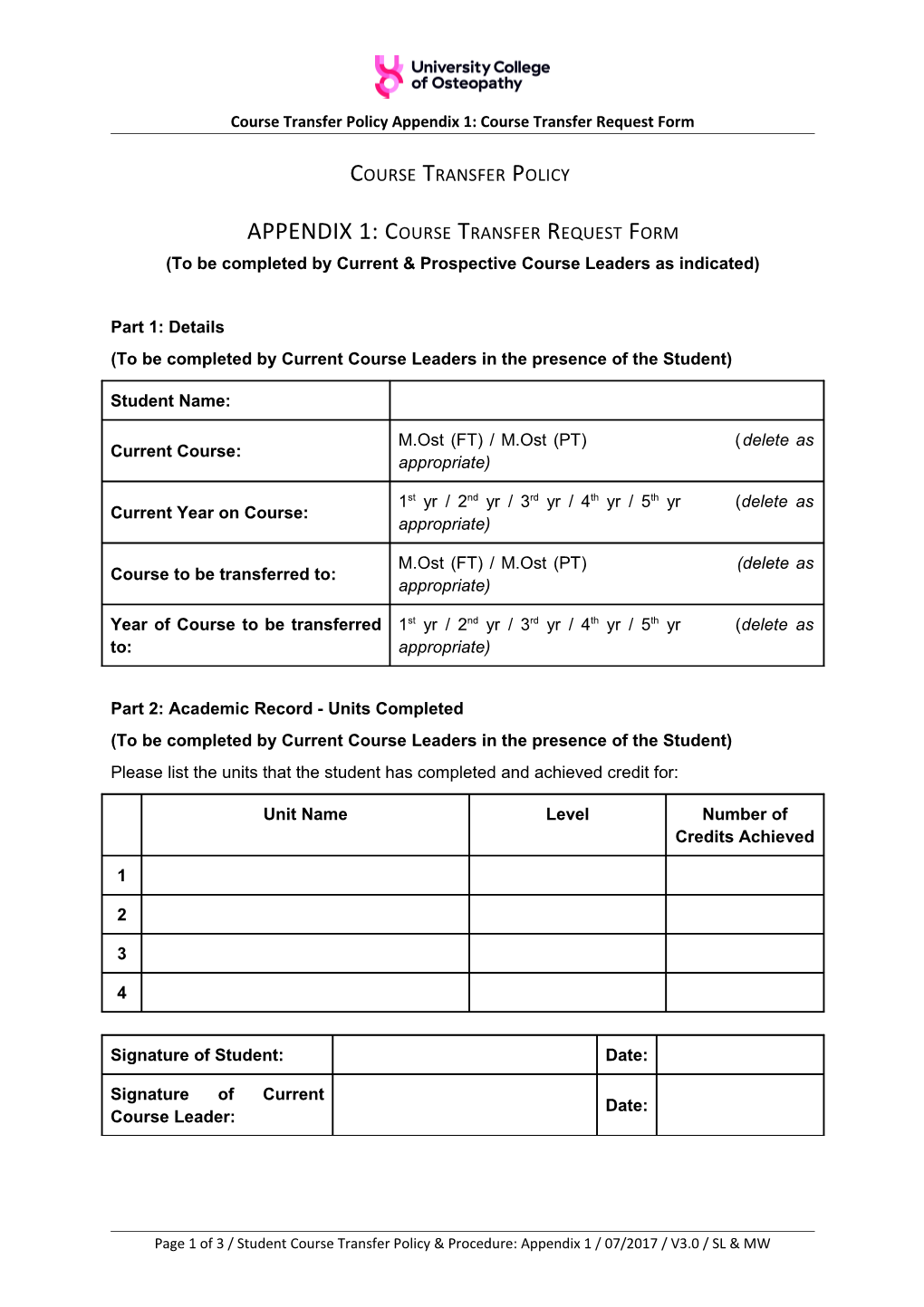 Course Transfer Policy Appendix 1: Course Transfer Request Form