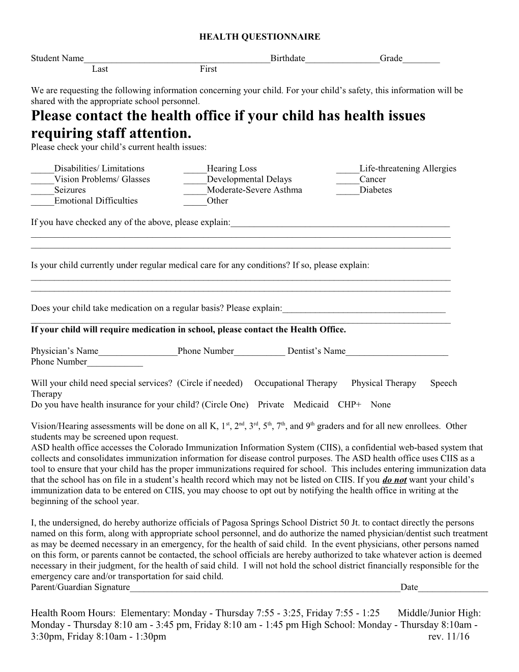 Health Questionnaire