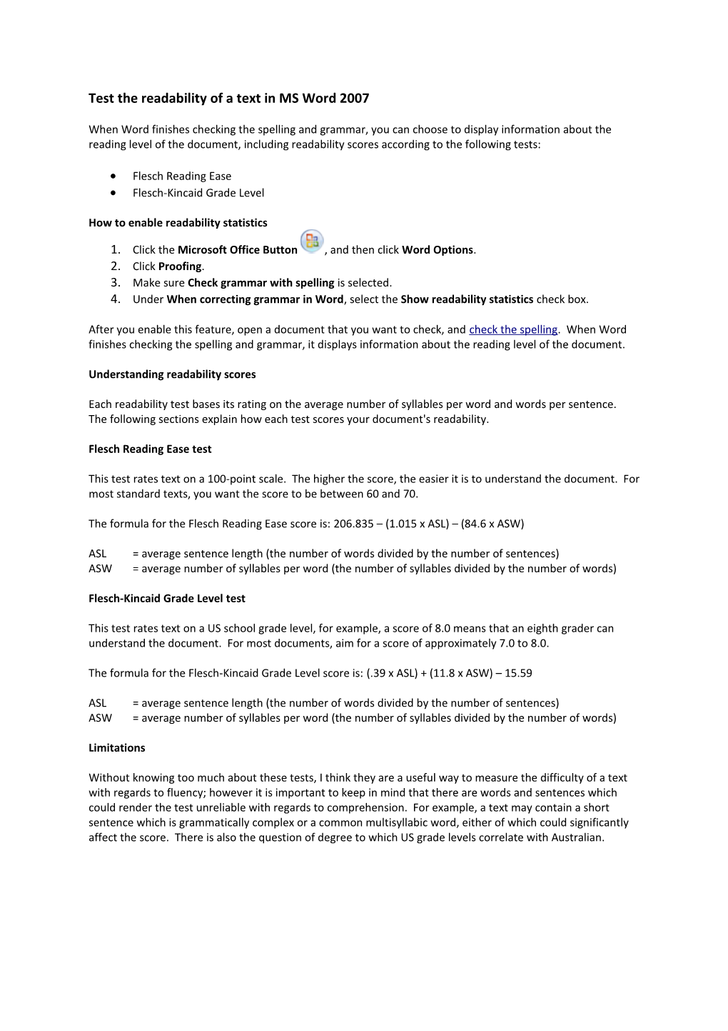 Test the Readability of a Text in MS Word 2007