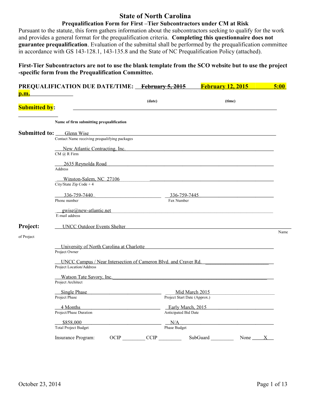 Prequalification Form for First Tier Subcontractors Under CM at Risk