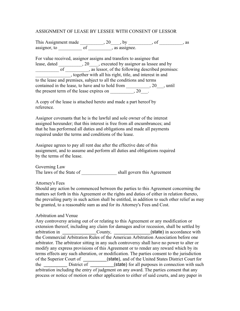 Assignment of Lease by Lessee with Consent of Lessor