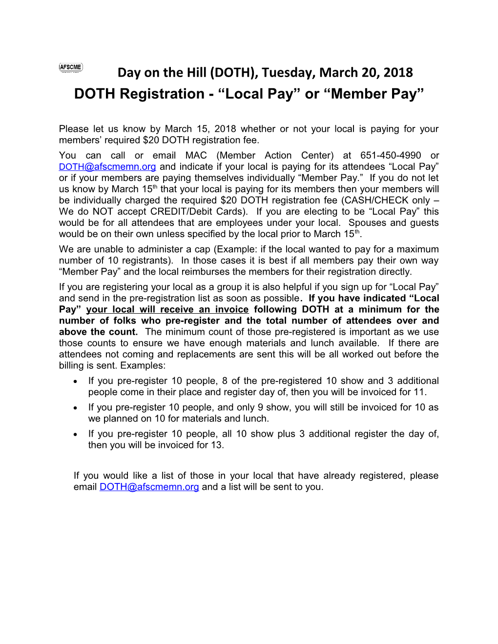 DOTH Registration - Local Pay Or Member Pay