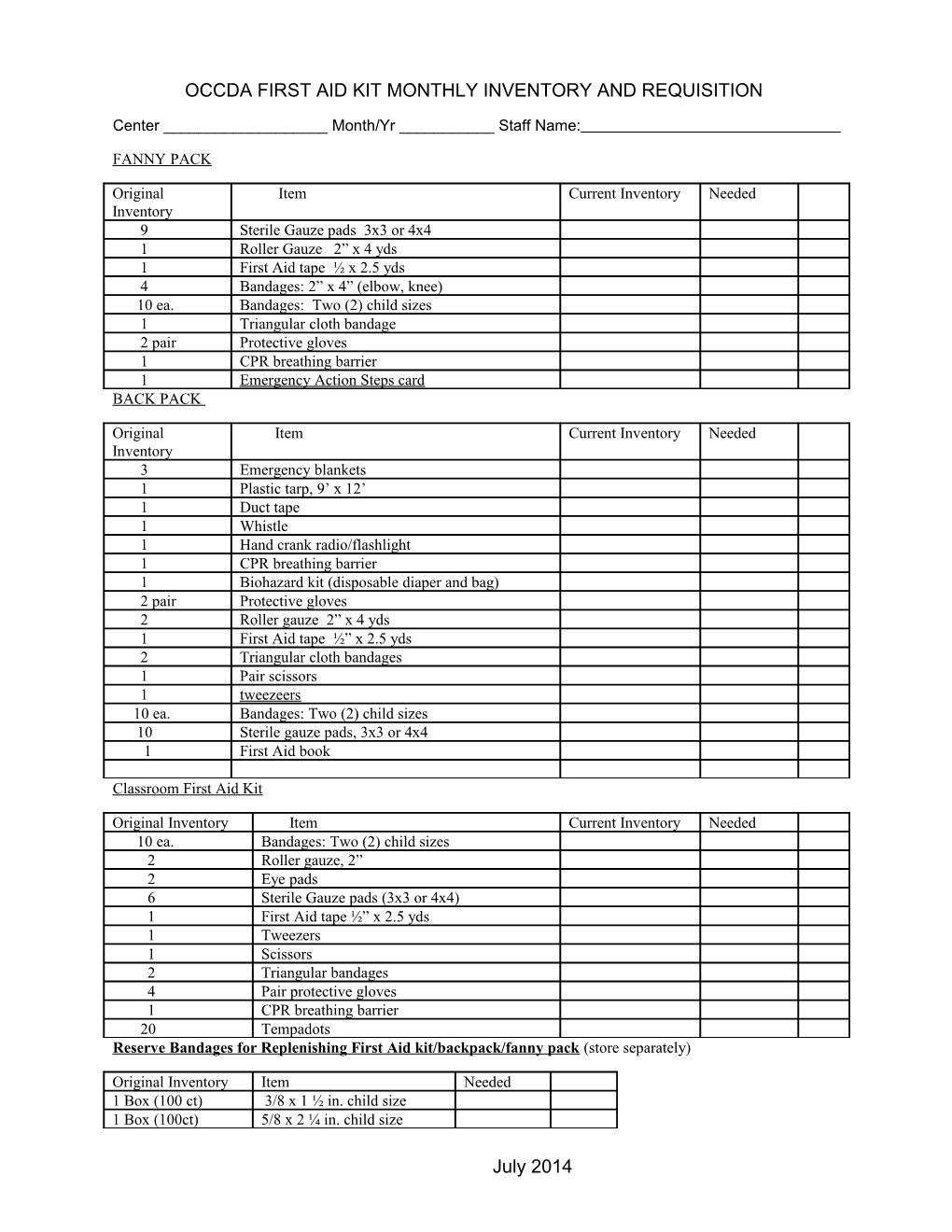 Occda First Aid Kit Monthly Inventory and Requisition
