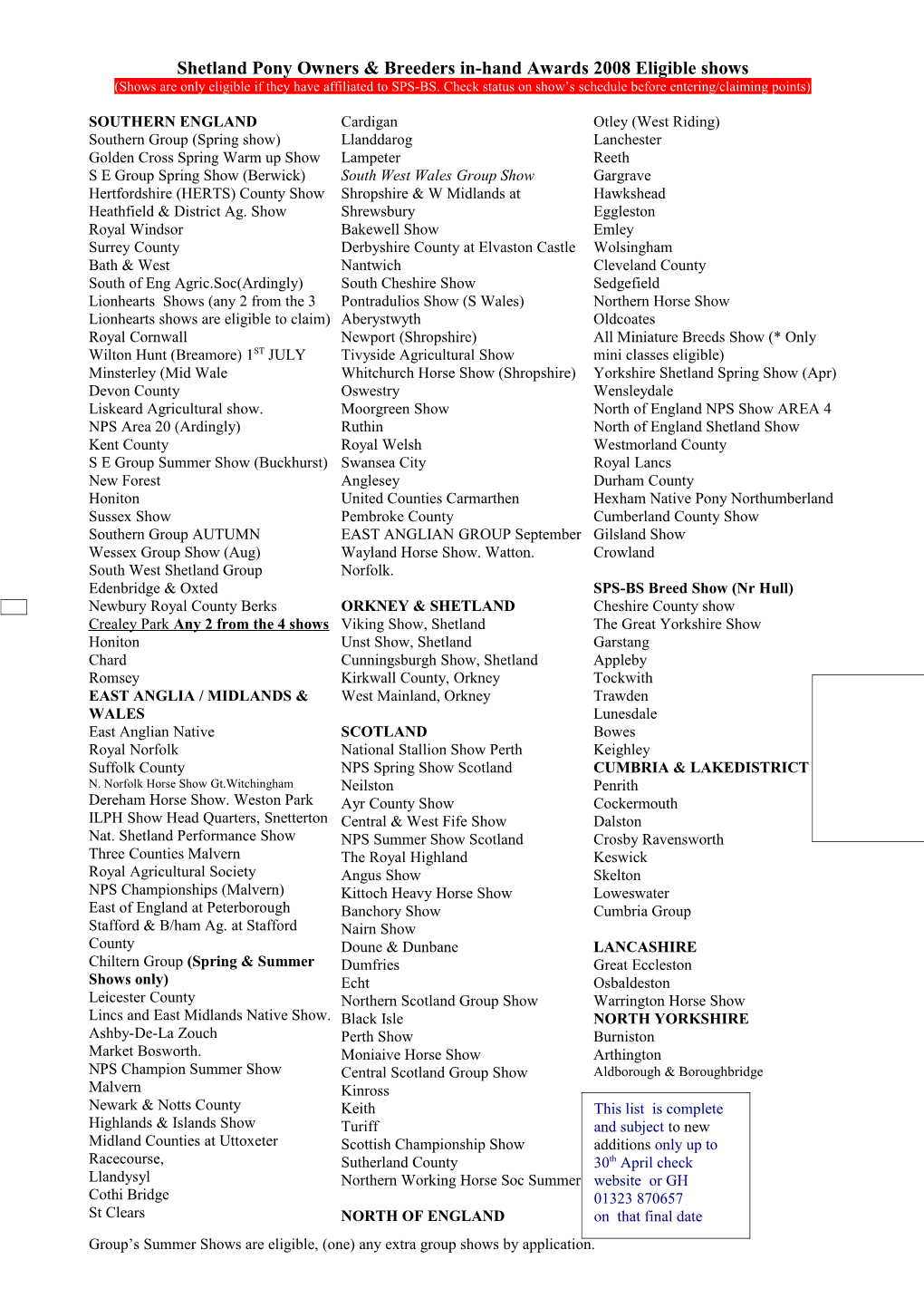 Shetland Pony Owners & Breeders In-Hand Awards 2008 Eligible Shows