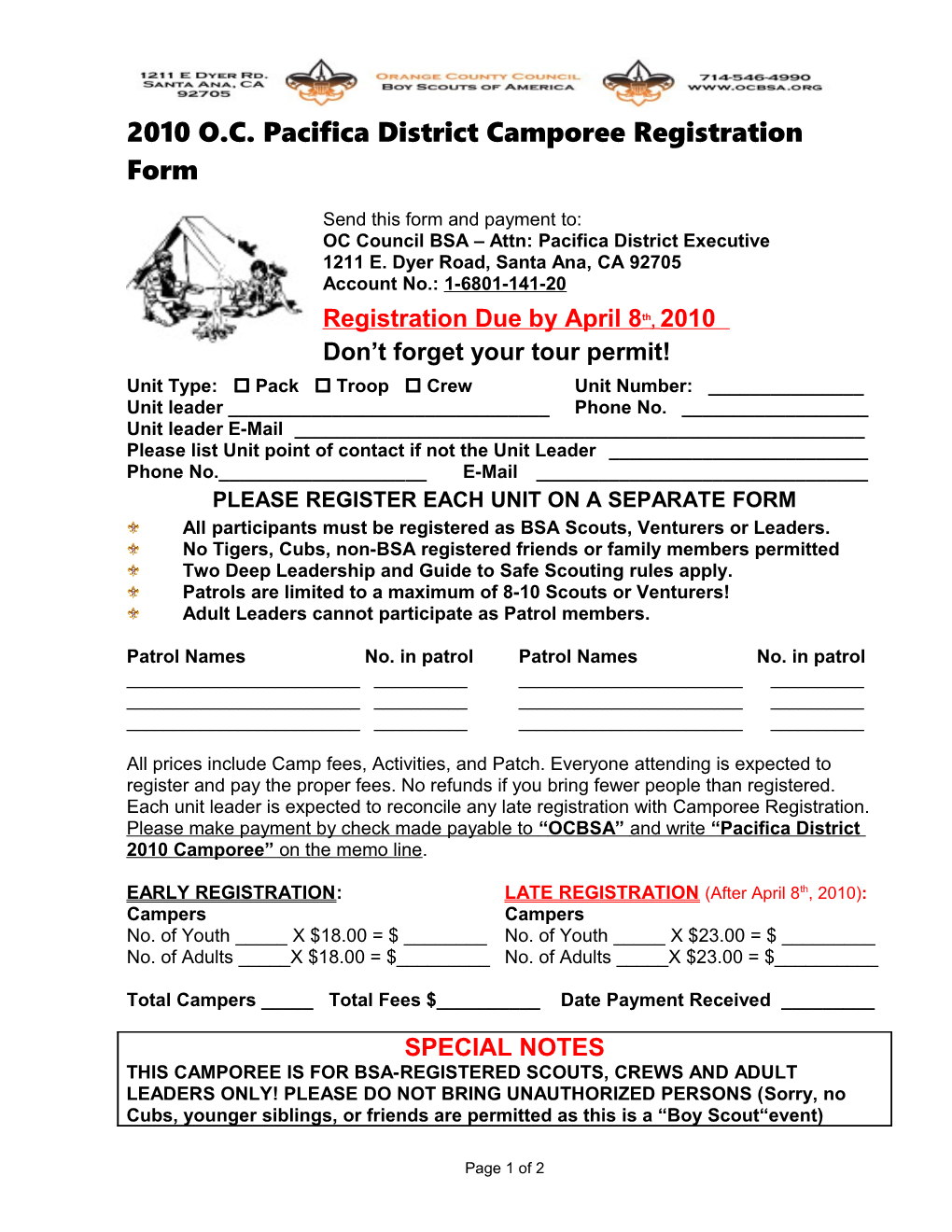2010 O.C. Pacifica District Camporee Registration Form