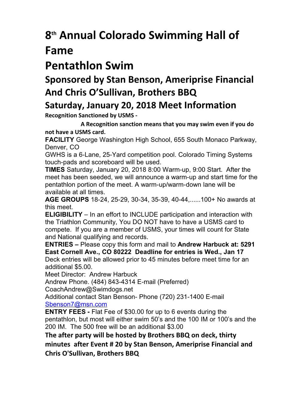 8Th Annual Colorado Swimming Hall of Fame