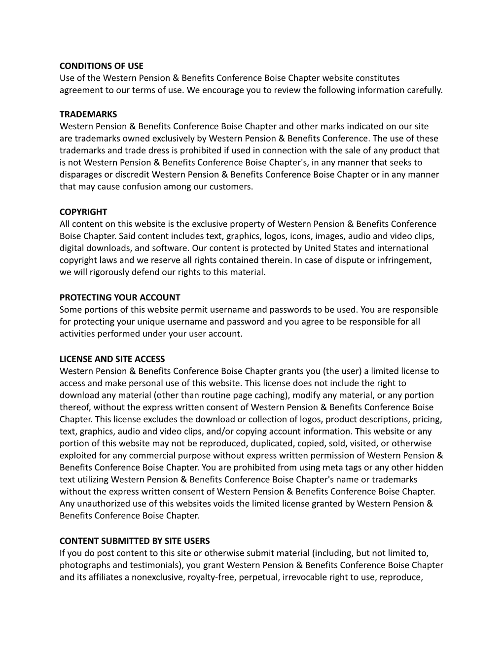 CONDITIONS of USE Use of the Western Pension & Benefits Conference Boise Chapter Website