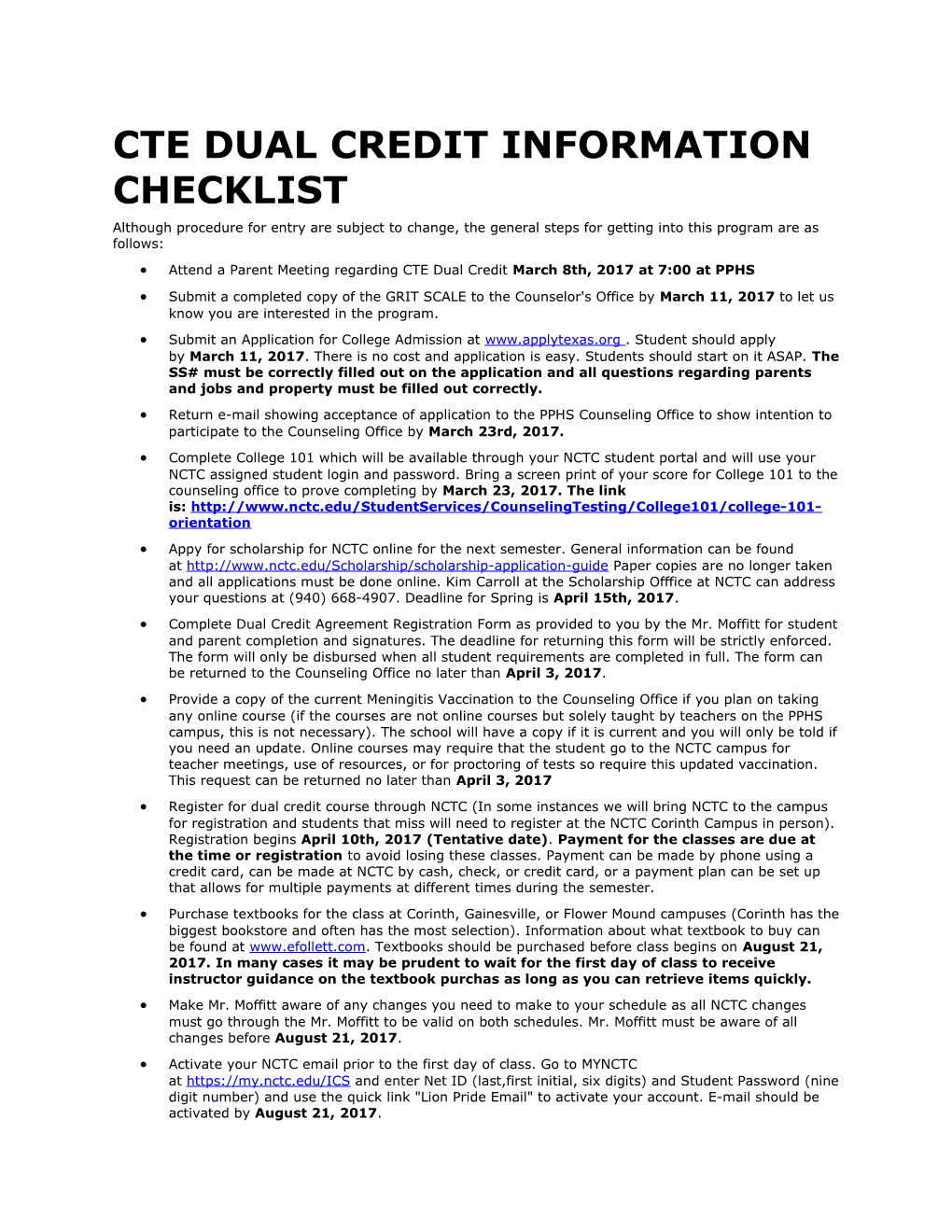Cte Dual Credit Information Checklist
