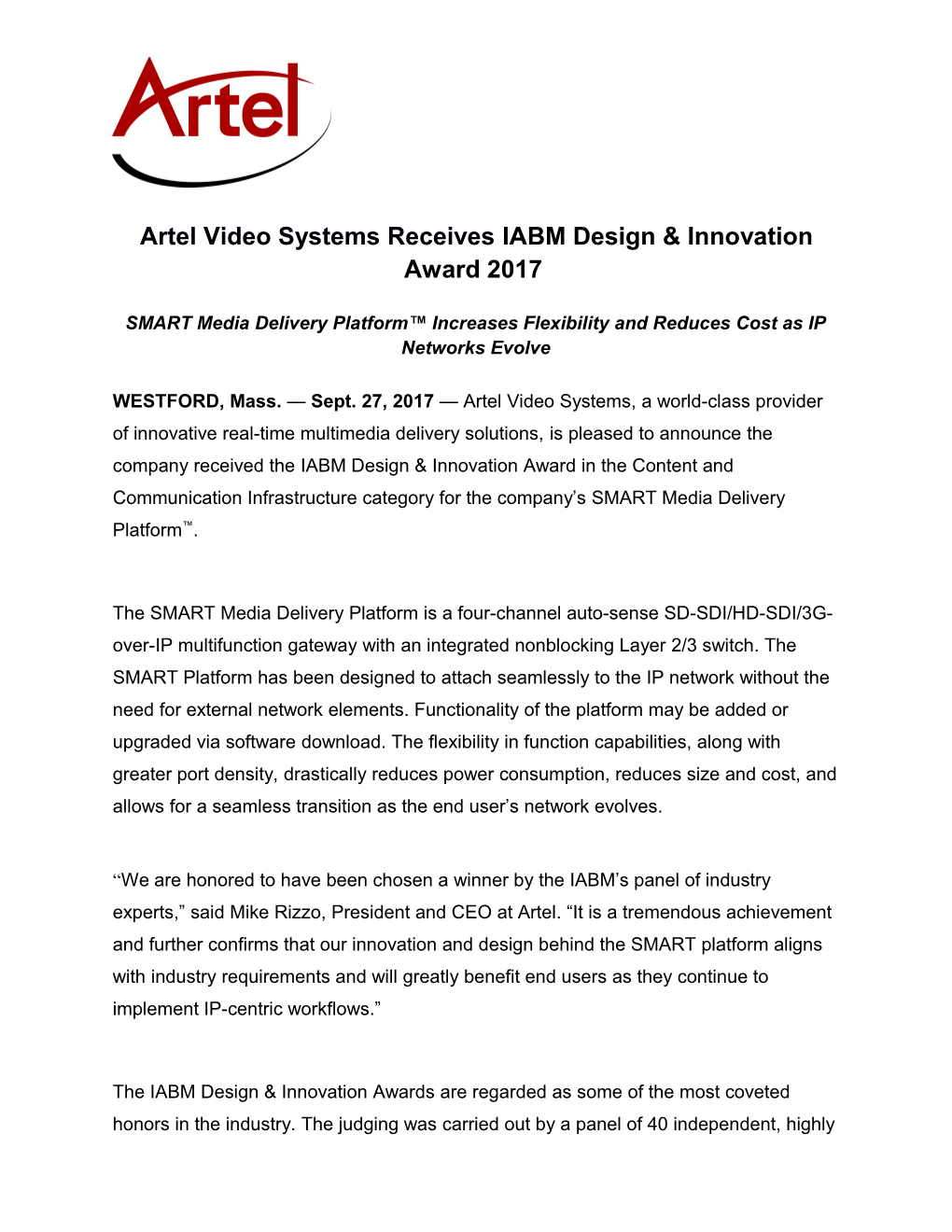 Artel Video Systems Press Release