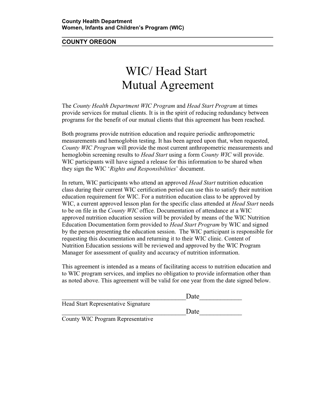 Head Start Memorandum of Understanding 1