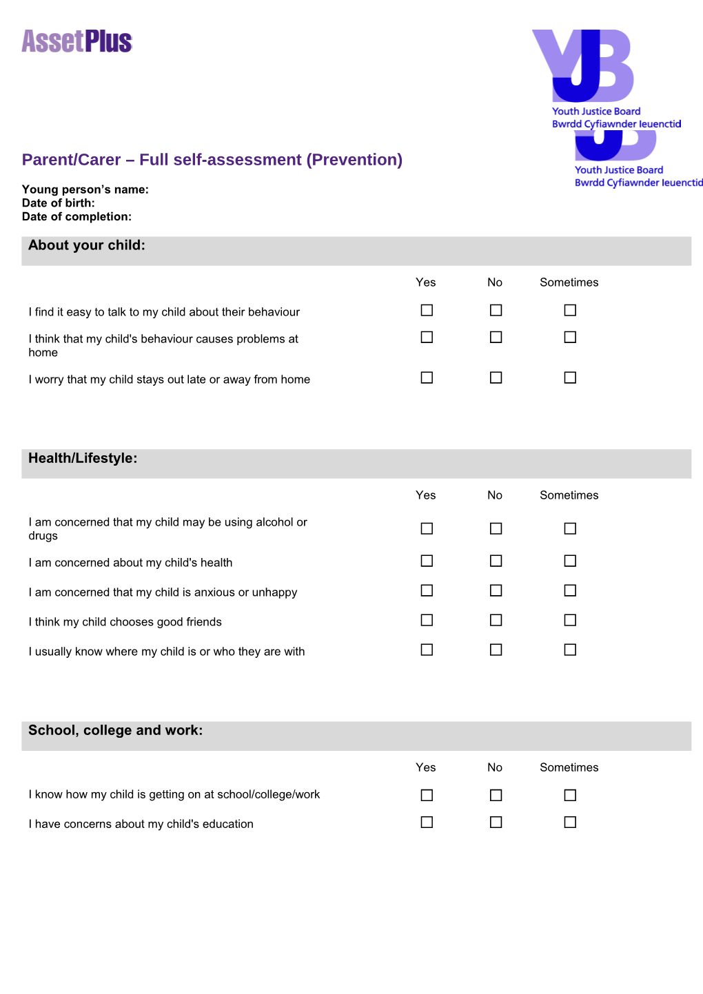 Parent/Carer Full Self-Assessment (Prevention)