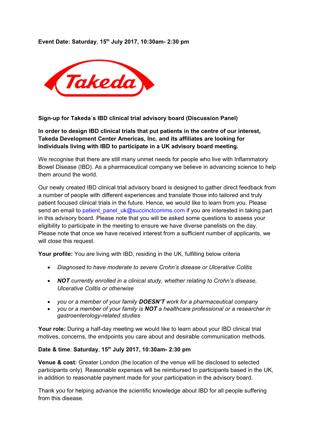 Sign-Up for Takeda S IBD Clinical Trial Advisory Board (Discussion Panel)