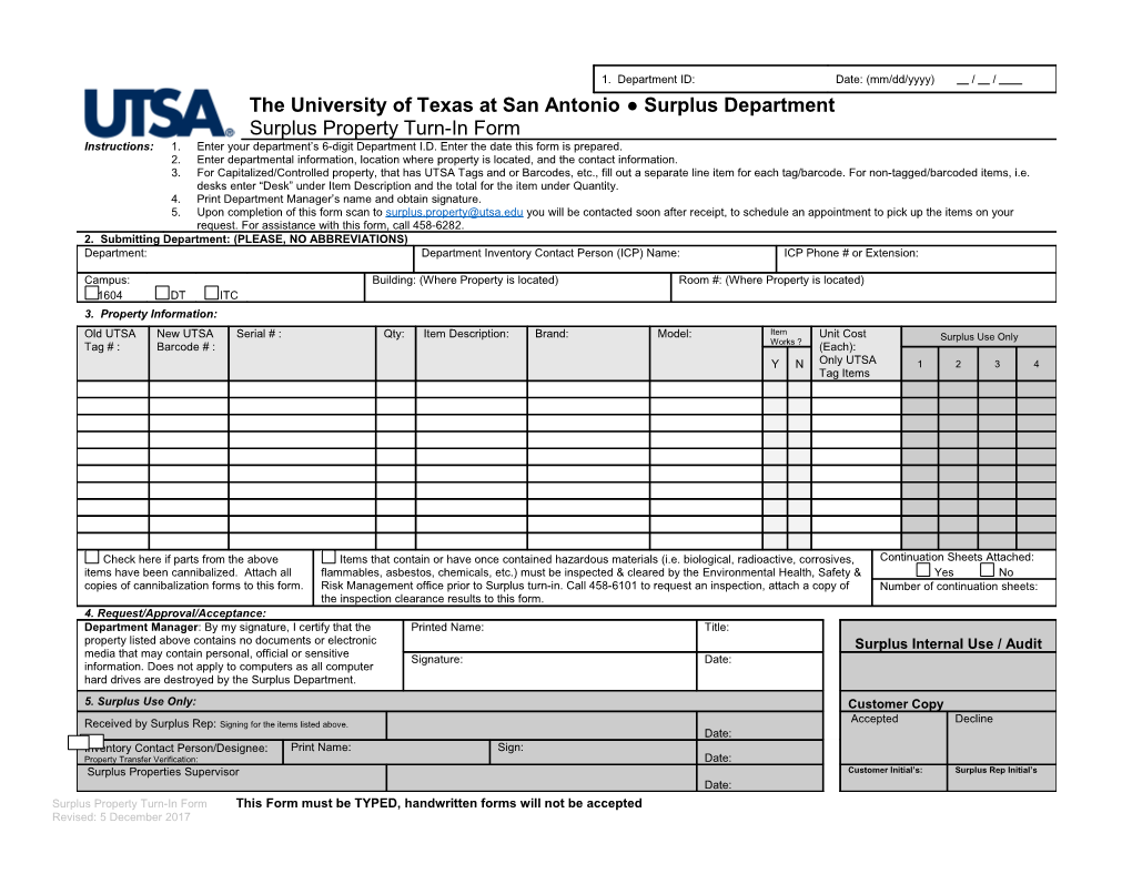 UTSA Surplus Property Turn-In Form