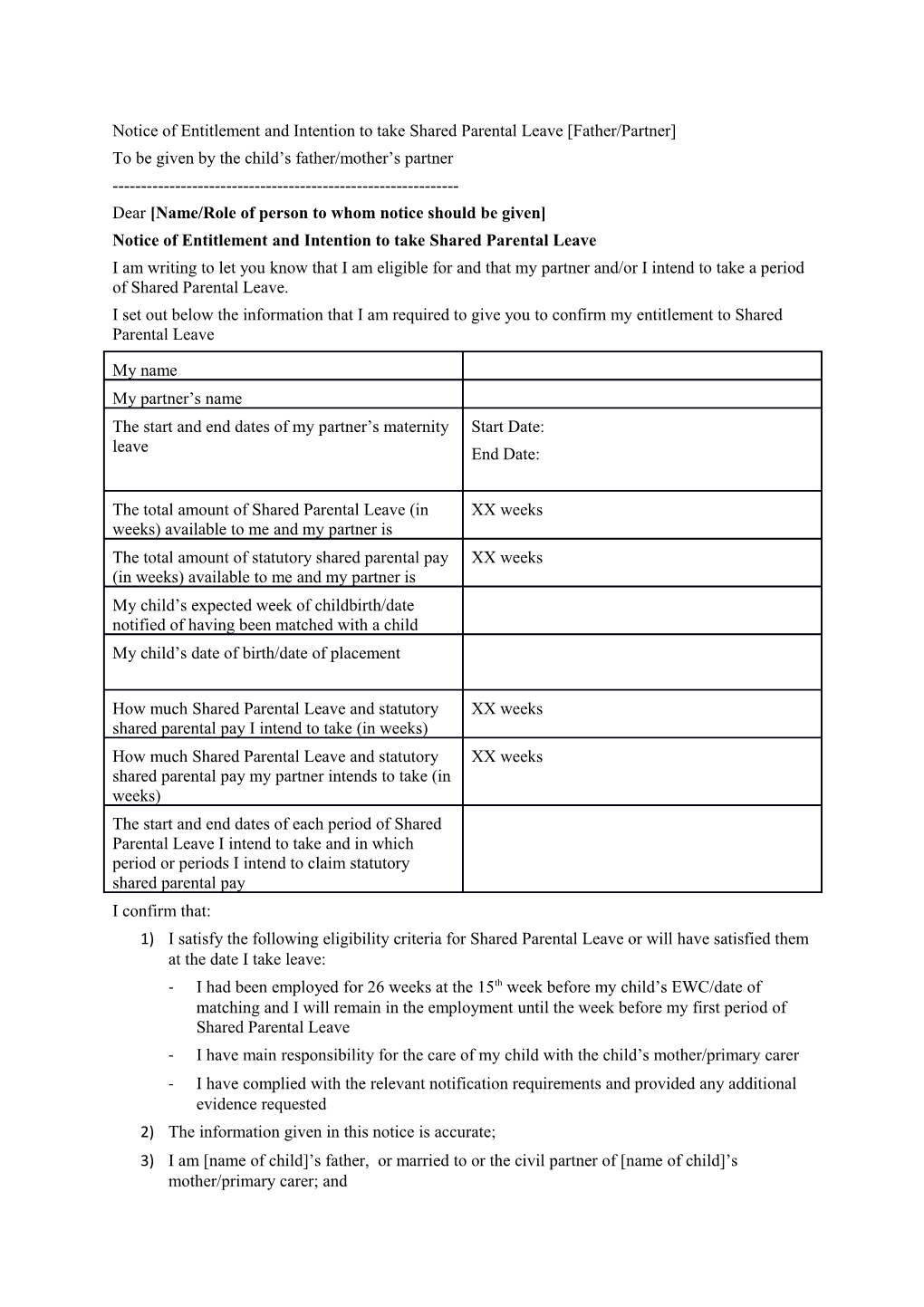 Notice of Entitlement and Intention to Take Shared Parental Leave Father/Partner