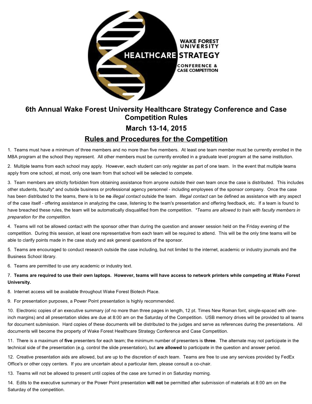 6Th Annual Wake Forest University Healthcare Strategy Conference and Case Competition Rules