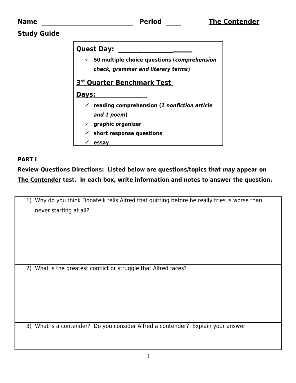 Name ______ Period _____ the Contender Study Guide