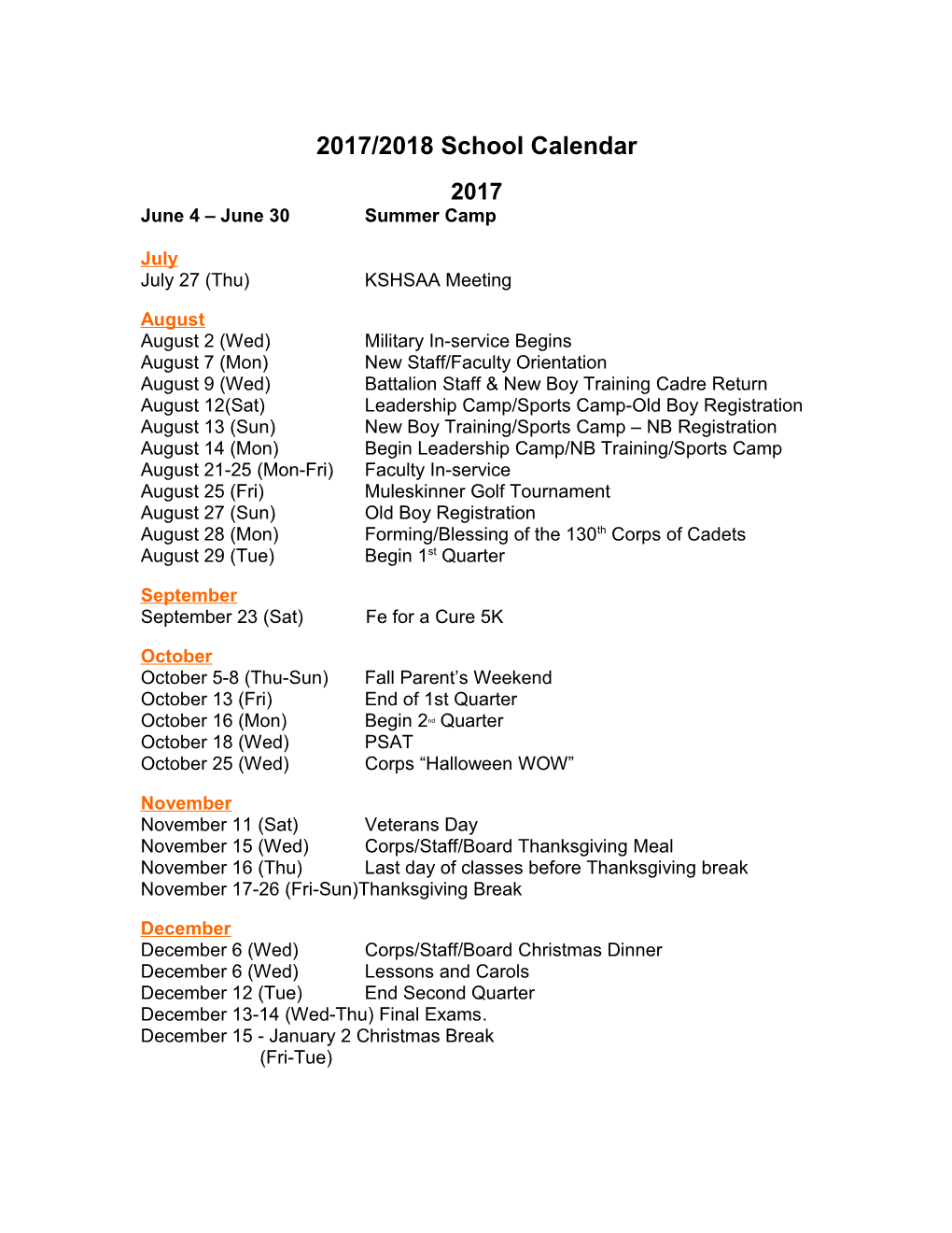 2017/2018 School Calendar