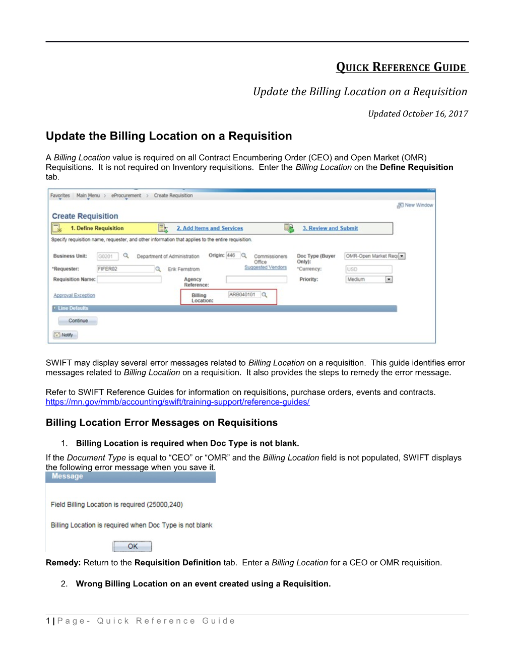 Update Billing Location on a Requisition