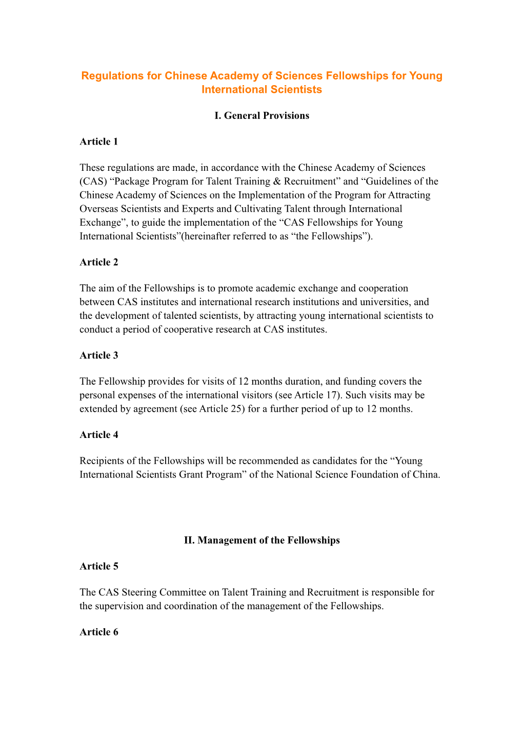 Regulations for Chinese Academy of Sciences Fellowships for Young International Scientists