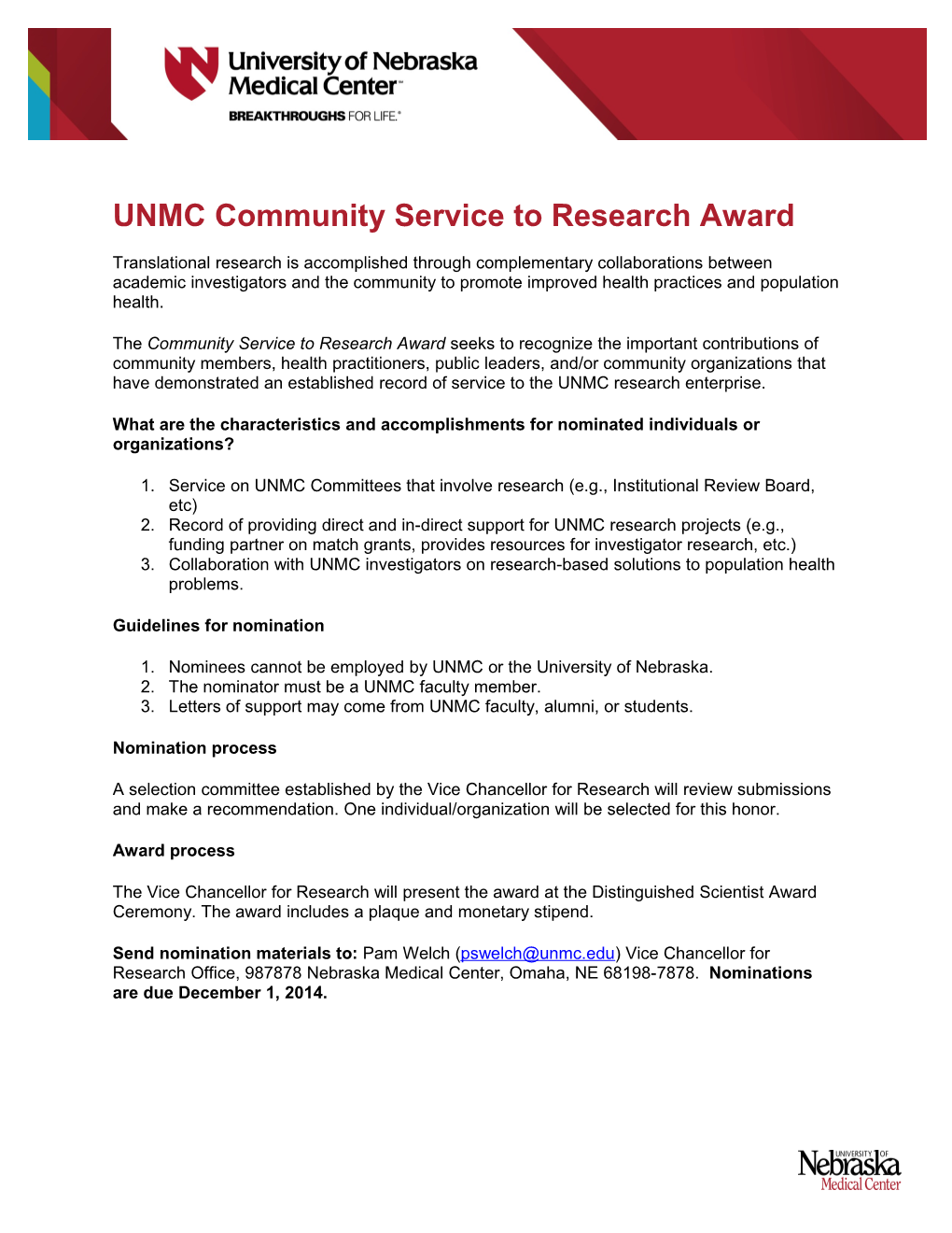 UNMC Community Service to Research Award