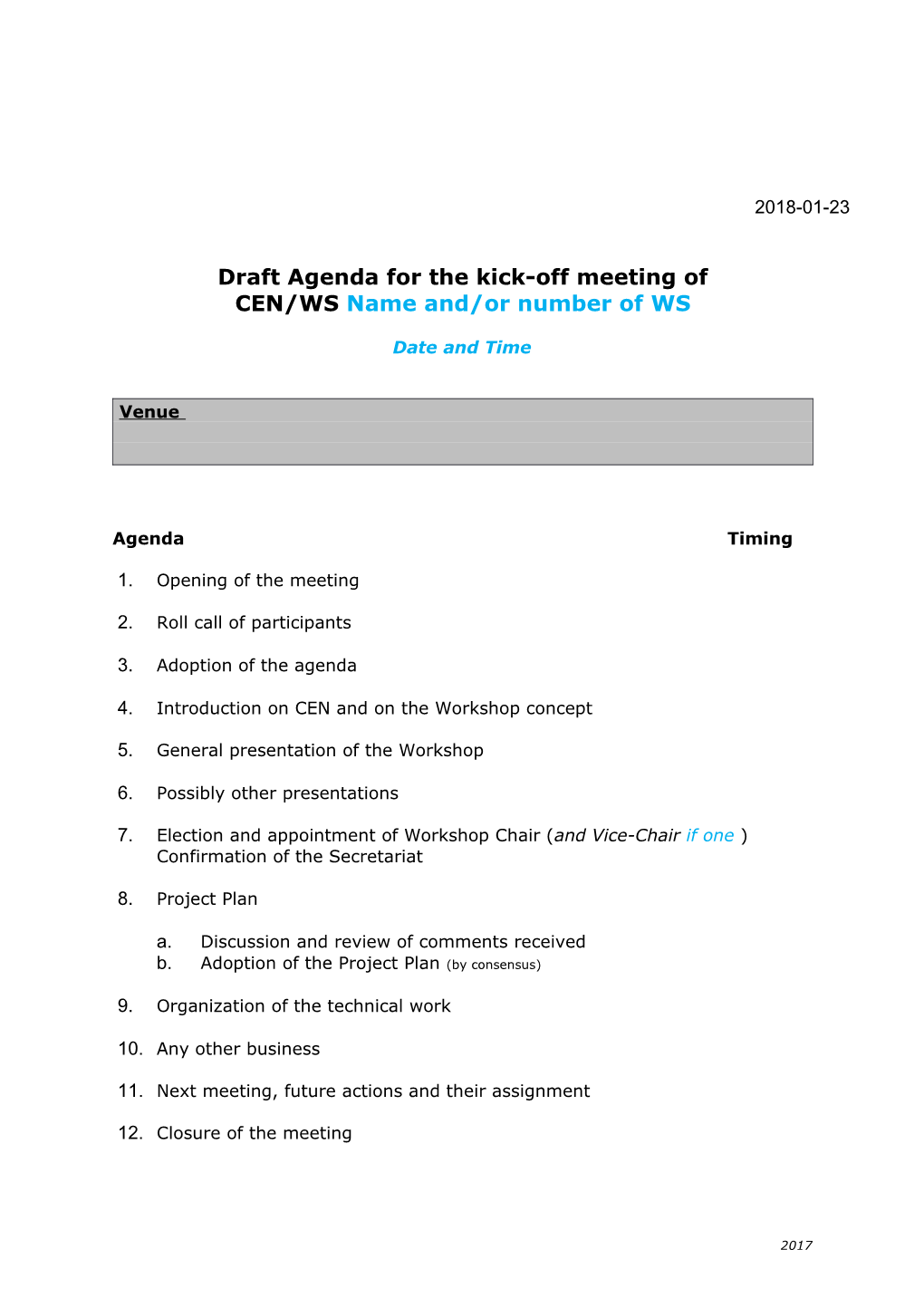 Workshop Kick-Off Meeting - Agenda Template