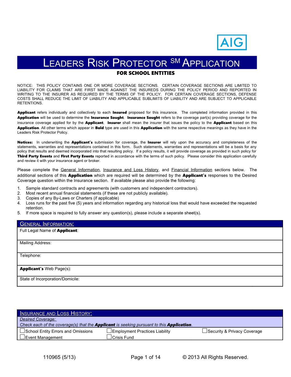 Leaders Risk Protector SM Application