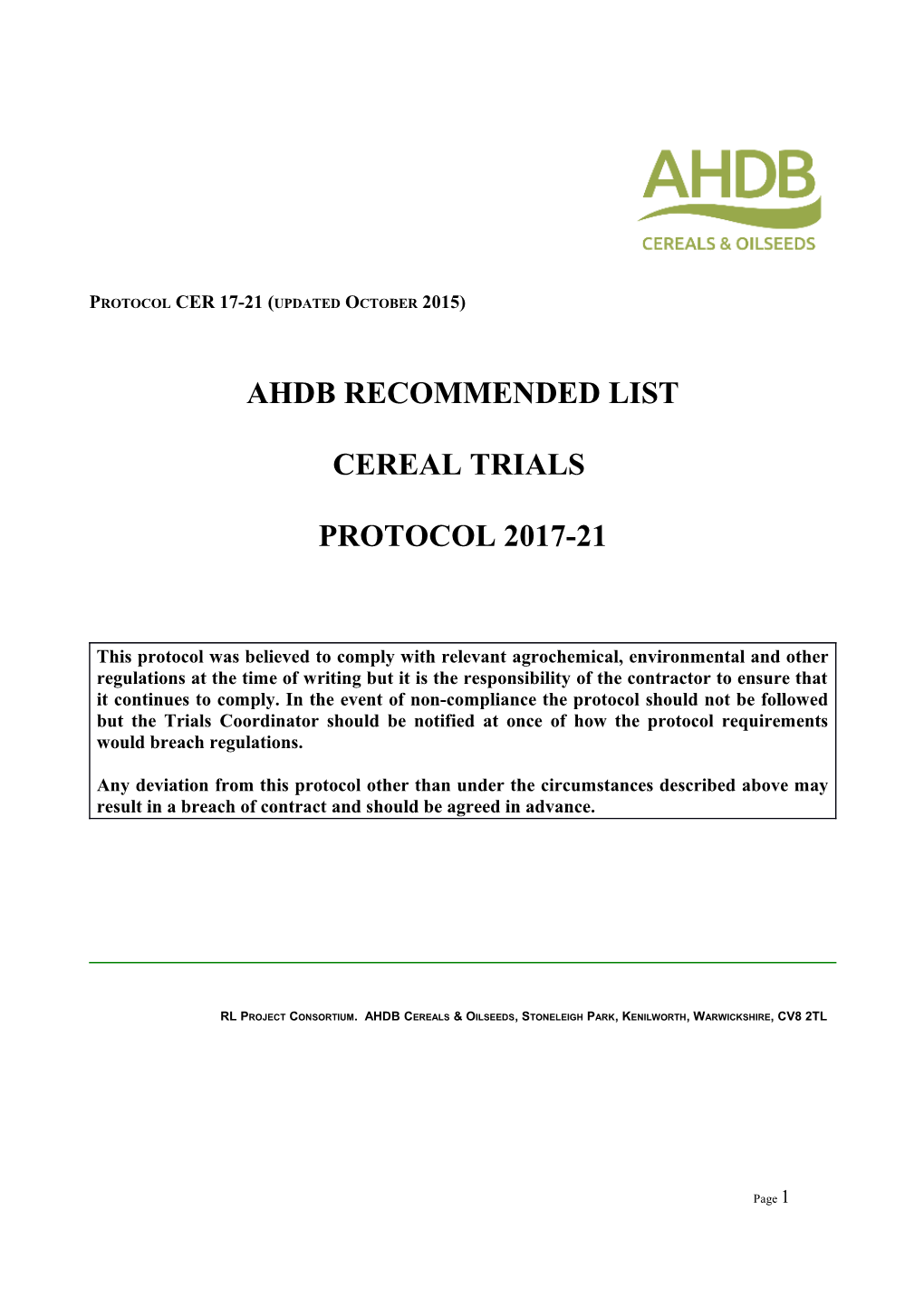 RL Protocol for Cereal Trials H2015