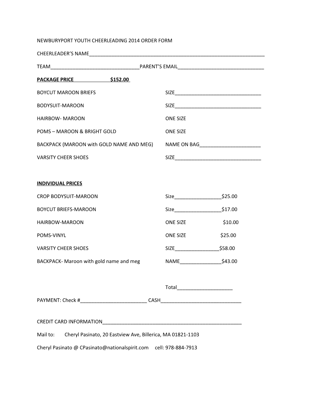 Newburyport Youth Cheerleading 2014 Order Form