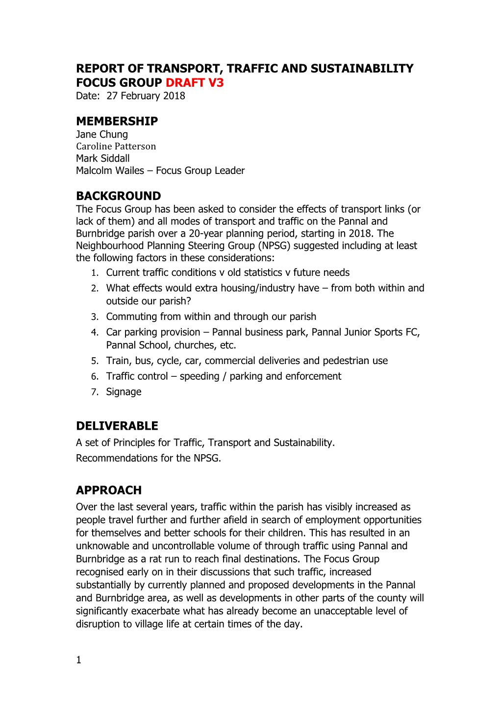 Report of Transport, Traffic and Sustainability Focus Groupdraft V3