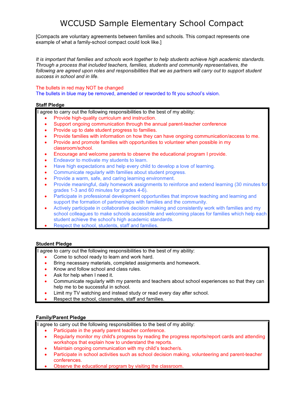 Sample Sample Elementary School Compact - Parent Family (CA Dept. of Education)