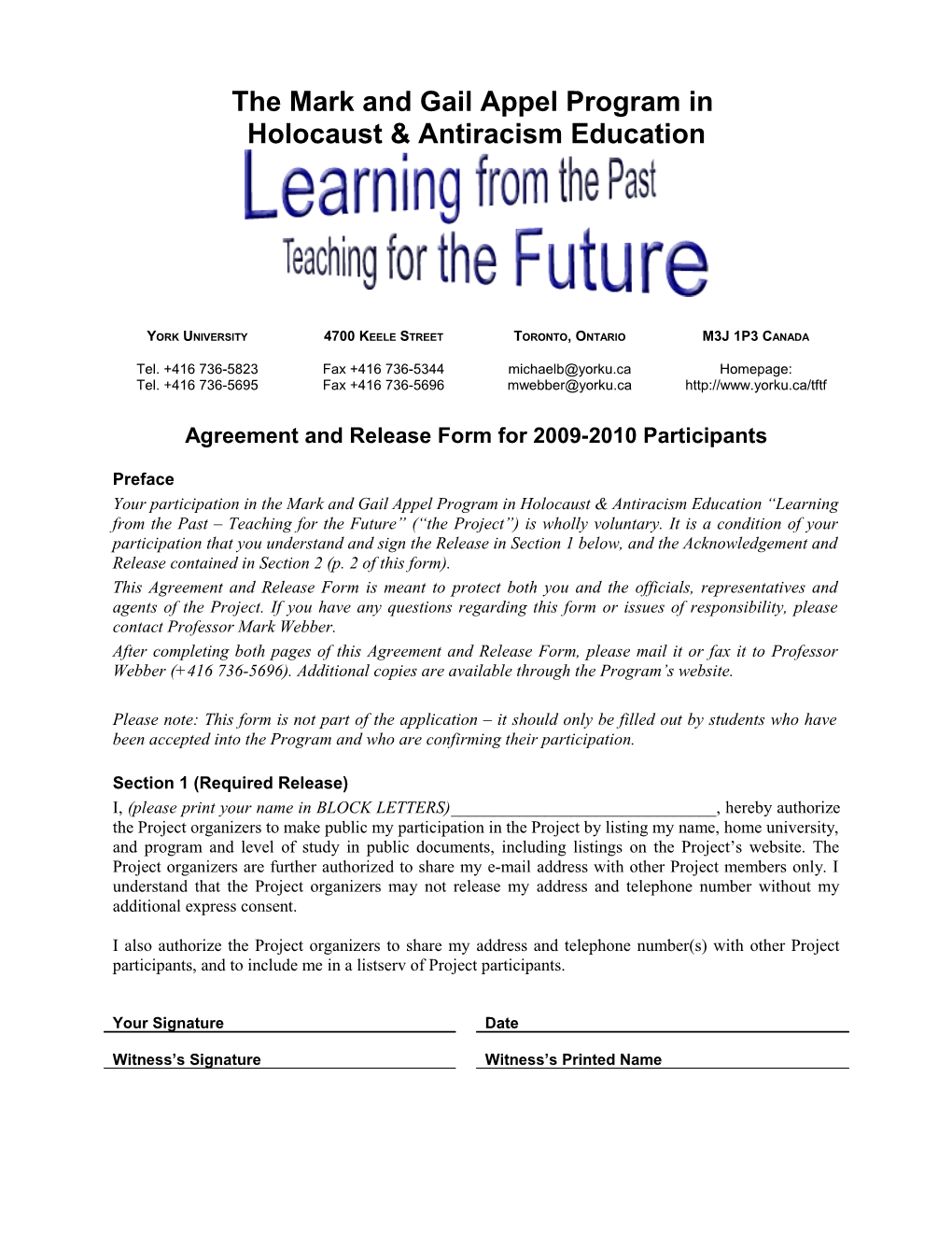 Agreement and Release Form for 2009-2010 Participants