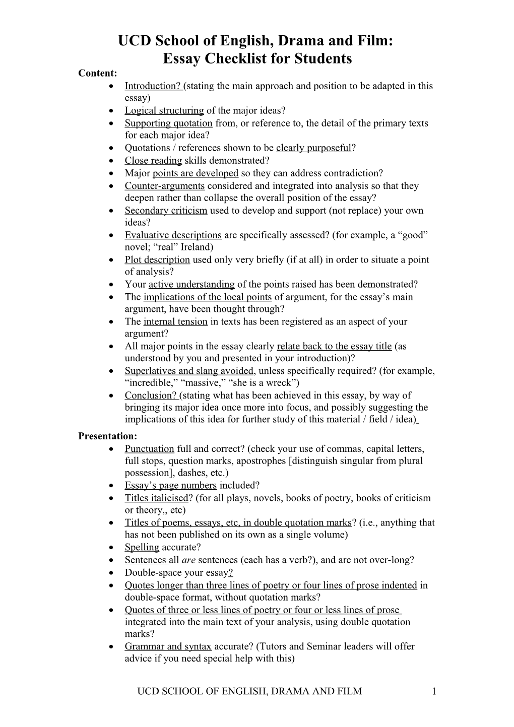 English Literature: Essay Checklist