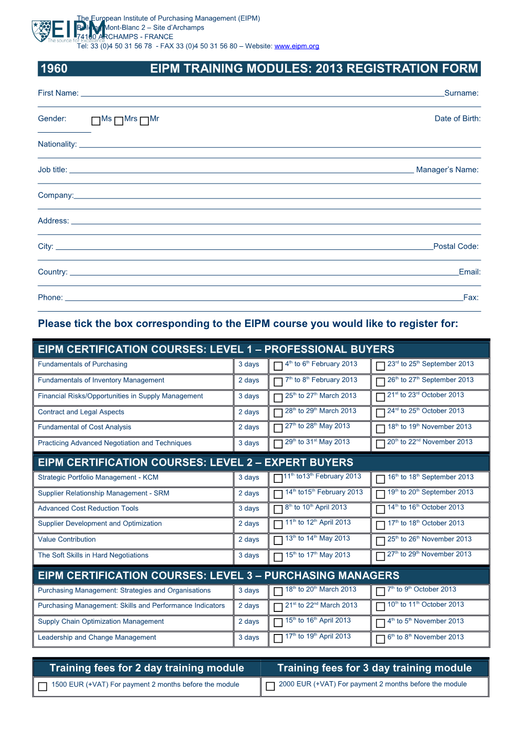 Eipm Training Modules: 2013 Registration Form