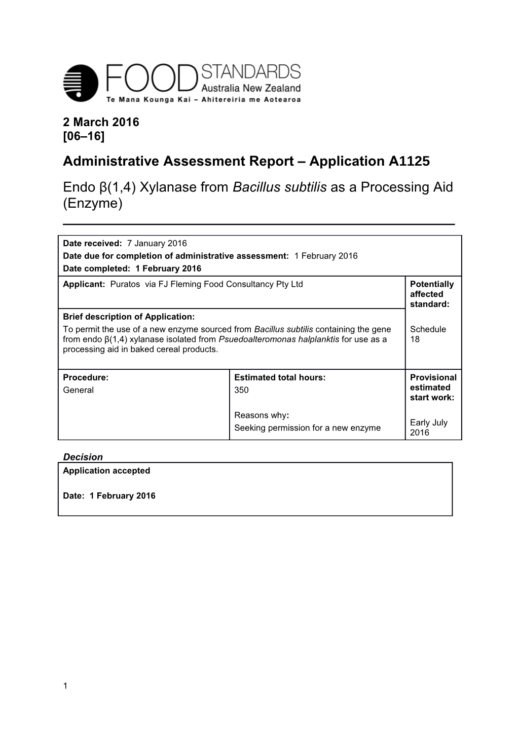 Administrative Assessment Report Application A1125