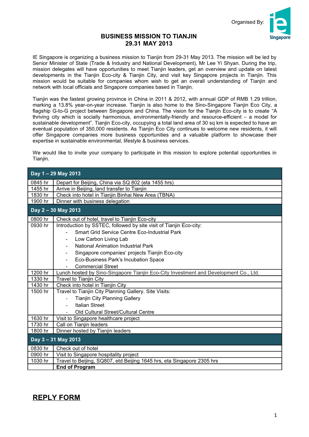 Proposed Program for Second Singapore-Tianjin Economic & Trade Council Meeting Cum Business