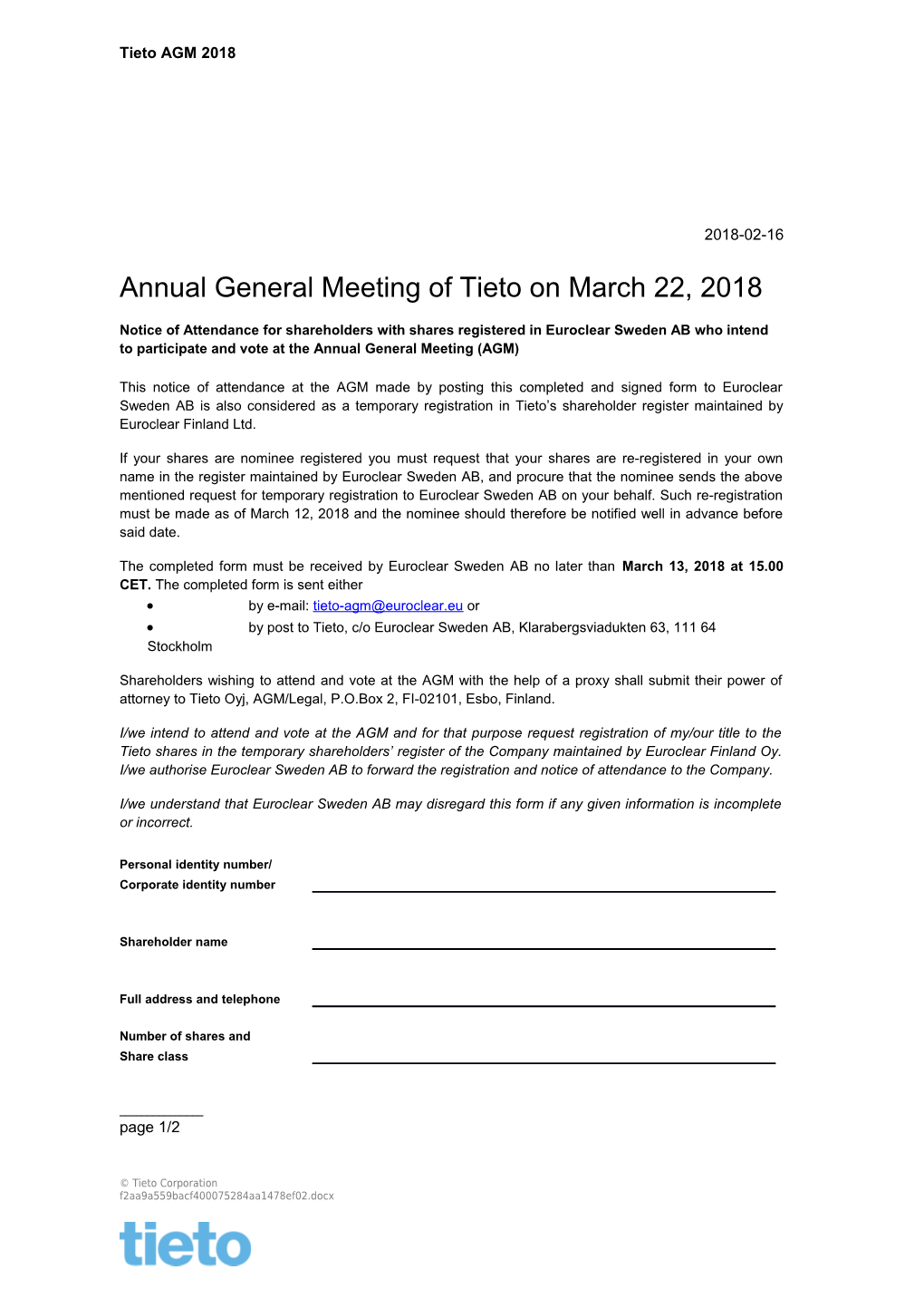 Annual General Meeting of Tieto Onmarch 22, 2018