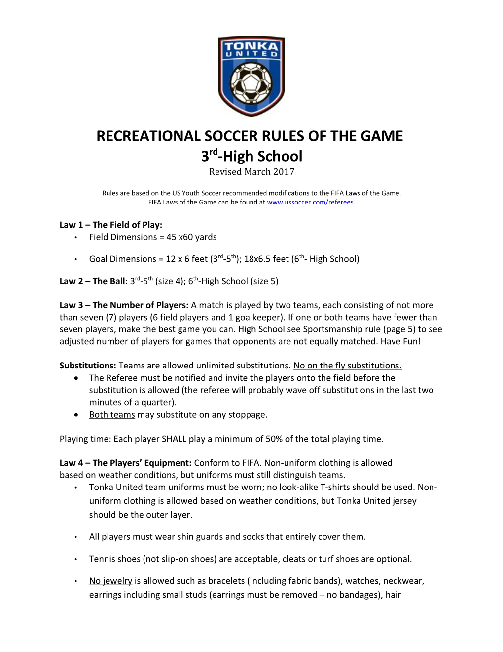 Recreational Soccer Rules of the Game