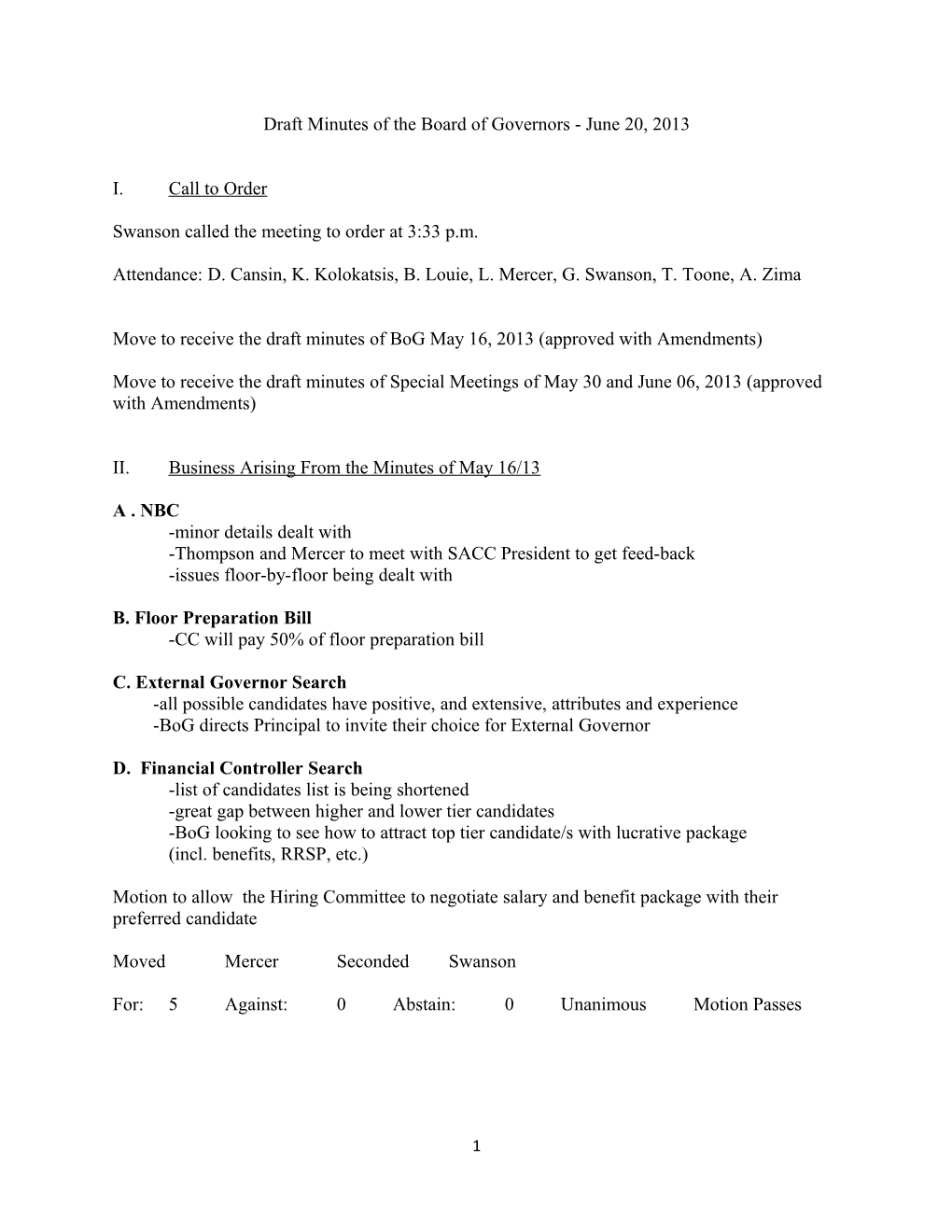 Draft Minutes of the Board of Governors - June 20, 2013