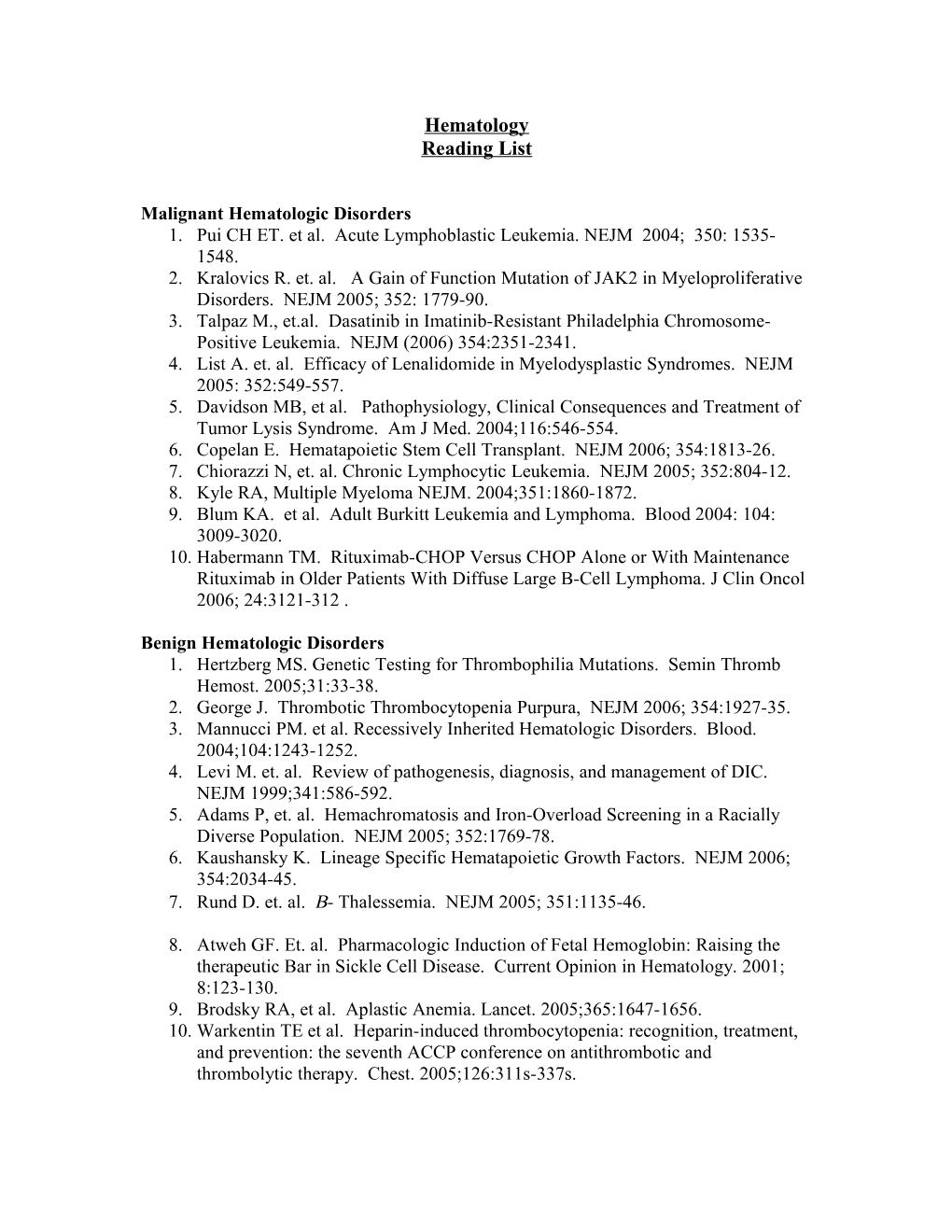 Hematology Reading List