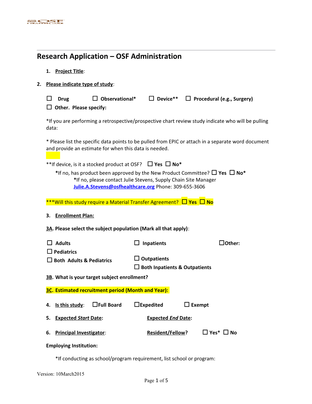 Research Application OSF Administration