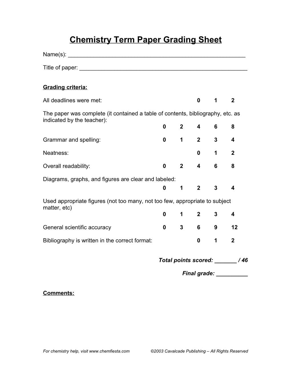 Chemistry Term Paper Grading Sheet