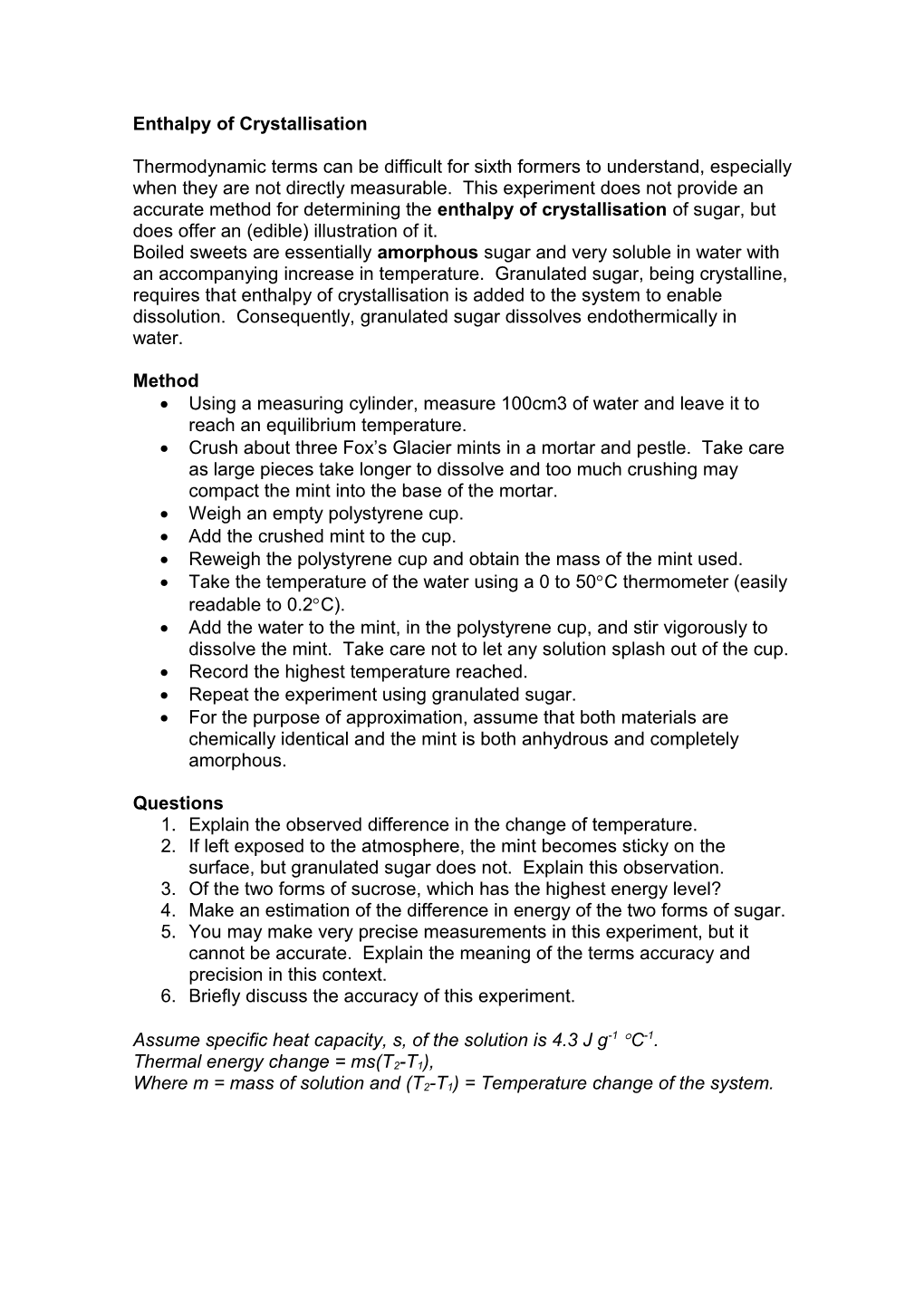 Enthalpy of Crystallisation