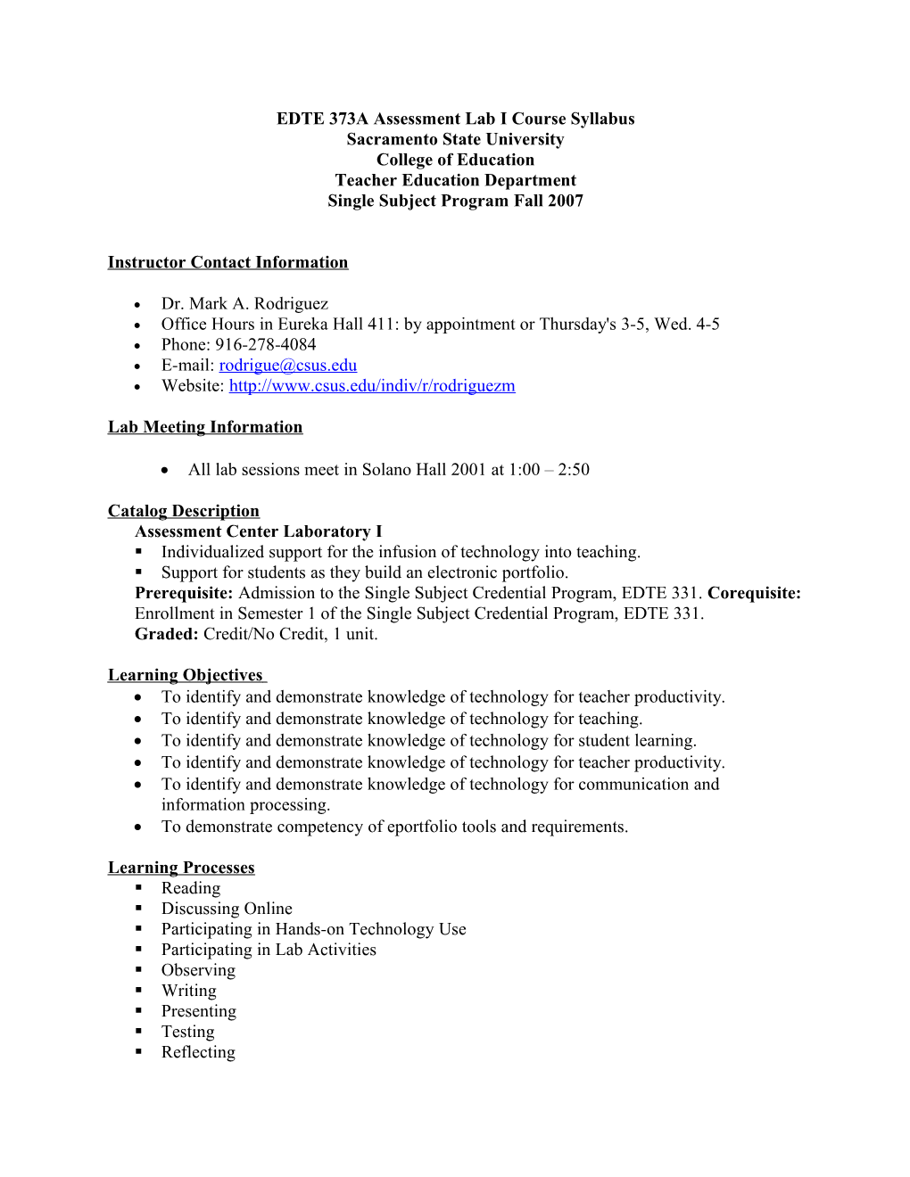 EDTE 373A Assessment Lab I Course Syllabus
